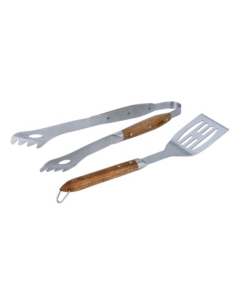 Set de 2 utensilios de barbacoa con espátula y pinzas para savia plateadas, 42/42 cm