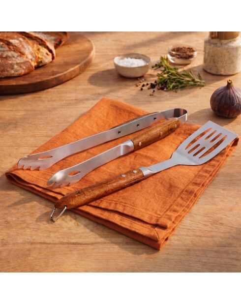 Set de 2 utensilios de barbacoa con espátula y pinzas para savia plateadas, 42/42 cm