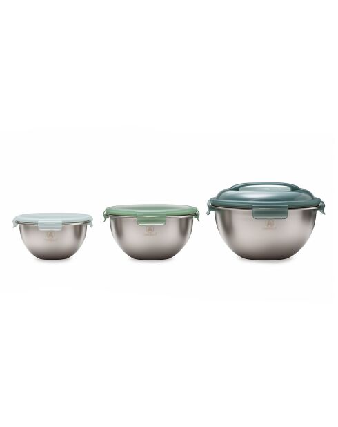 Set 3 Picknickschalen aus Edelstahl, Frühlingsgrün — 20/24/28 cm
