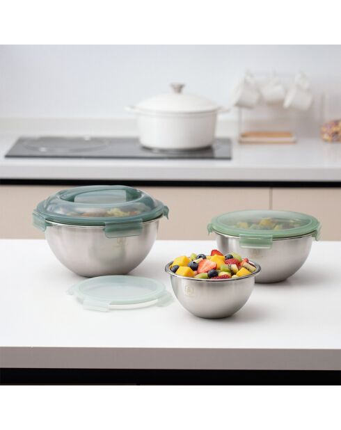 Set 3 Picknickschalen aus Edelstahl, Frühlingsgrün — 20/24/28 cm