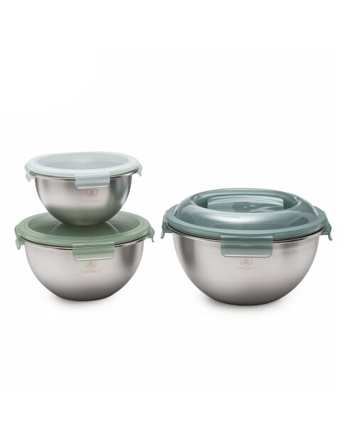 Set 3 Picknickschalen aus Edelstahl, Frühlingsgrün — 20/24/28 cm