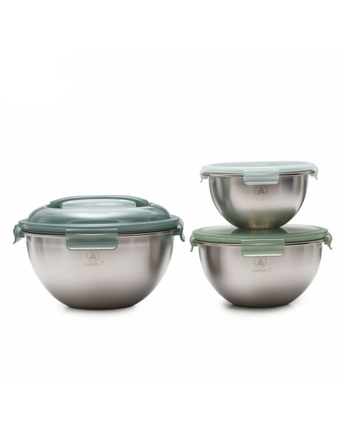 Set 3 Picknickschalen aus Edelstahl, Frühlingsgrün — 20/24/28 cm