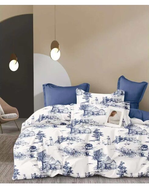 Parure de Couette imprimé Double Face + 2 Taies d'oreiller Volant Plat Piqué - 240x220 cm/2x(65x65 cm)