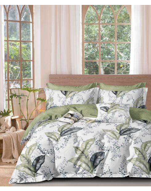 Parure de Couette imprimé Double Face + 2 Taies d'oreiller Volant Plat Piqué - 240x220 cm/2x(65x65 cm)