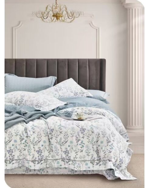 Parure de Couette imprimé Double Face + 2 Taies d'oreiller Volant Plat Piqué - 260x240 cm/2x( 65x65 cm)
