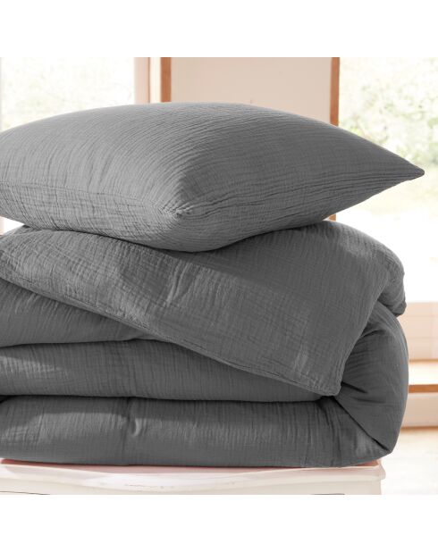 Pack Housse de couette Complet 4 Pièces Gaze de Coton ardoise - 260x240 cm