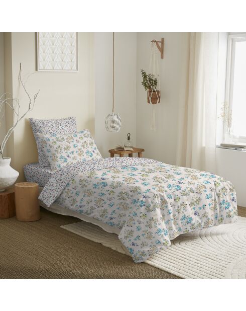 Pack Complet Housse de couette imprimé + Drap housse tanya cyan - 140x200 cm/90x190 cm