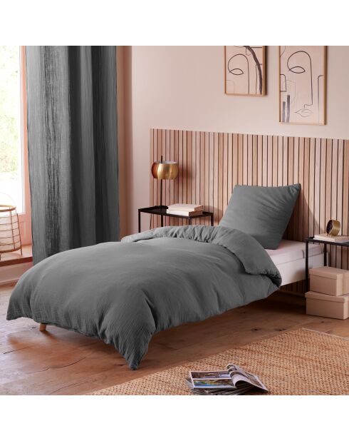 Pack Housse de couette Complet 3 Pièces Gaze de Coton ardoise - 140x200 cm