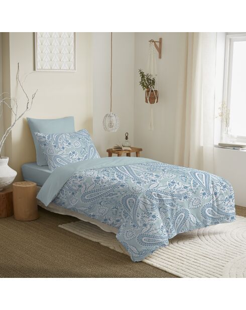 Pack Complet Housse de couette imprimé + Drap housse cashemire bleu - 140x200 cm/90x190 cm