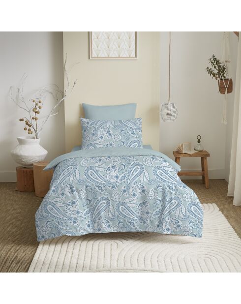 Pack Complet Housse de couette imprimé + Drap housse cashemire bleu - 140x200 cm/90x190 cm