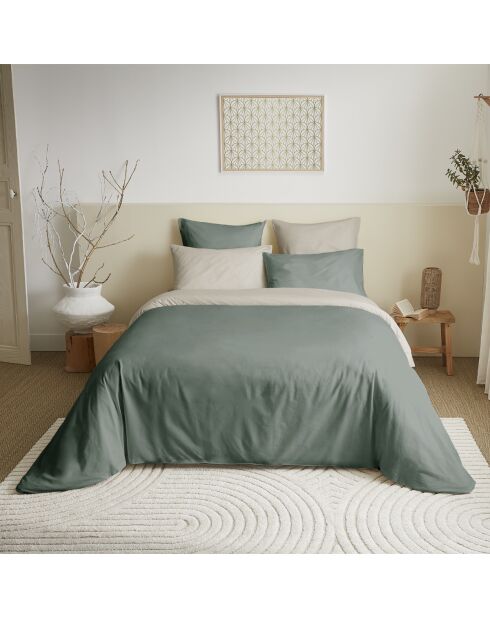 Pack Complet Housse de couette Bicolore + Drap housse King Size eucalyptus/ficelle - 240x260 cm/180x200 cm
