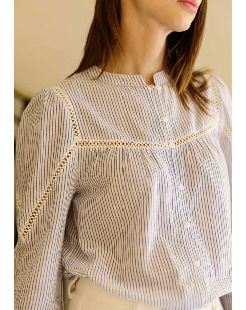 Blouse en coton Bayen ecru/bleu