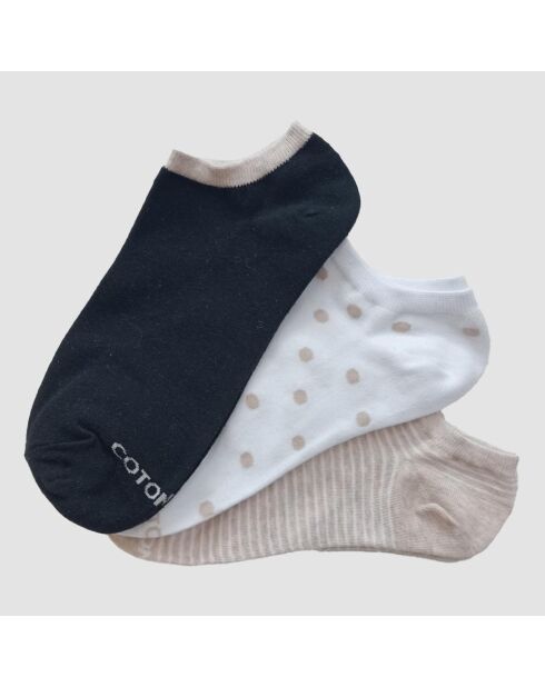Lot de 3 paires de chaussettes courtes en coton blanc, naturel, gris mélange et noir
