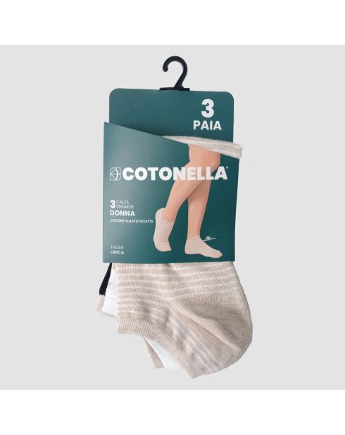 Lot de 3 paires de chaussettes courtes en coton blanc, naturel, gris mélange et noir