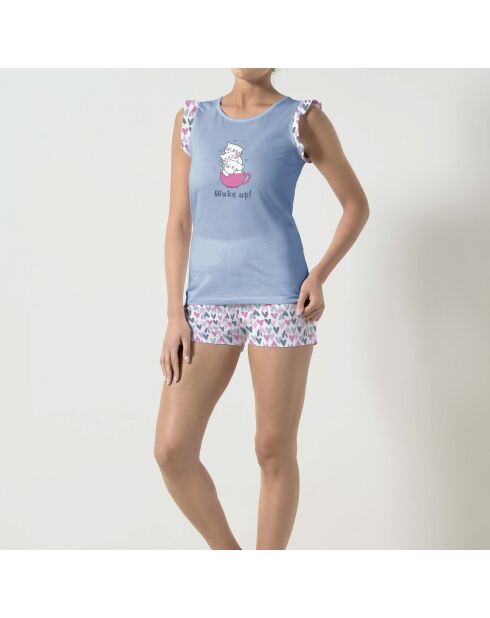 Himmelblauer Baumwoll-Pyjama, Tanktop und Shorts
