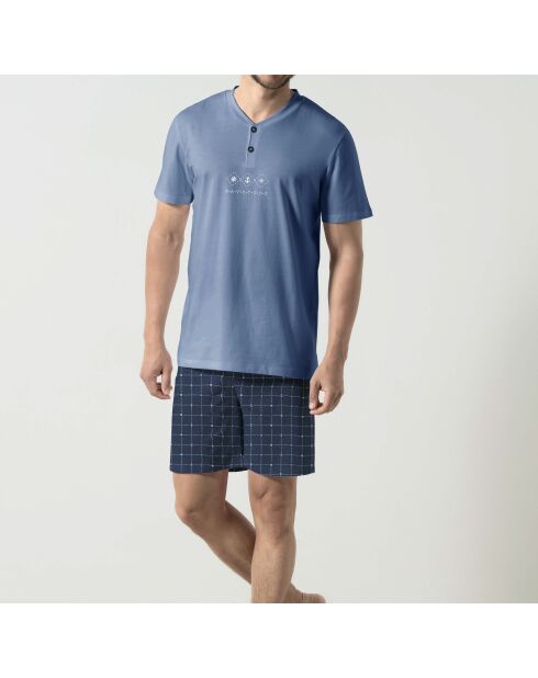 Pyjama t-shirt manches courtes et short jean bleu
