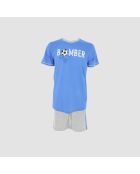 Pyjama en coton col rond manches courtes et short bleu
