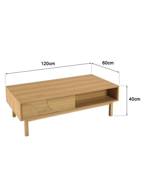 Mesita de 2 cajones y 2 nichos con decoración natural de motivos redondeados, 120 x 60 x 40 cm
