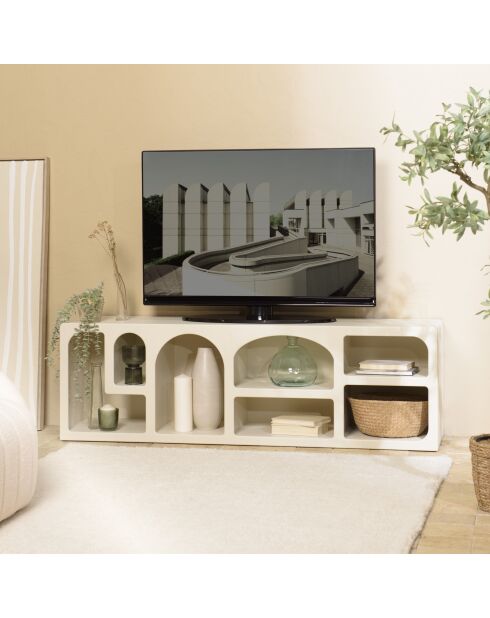 Meuble TV en bois peint 7 niches beige - 160x40 cm