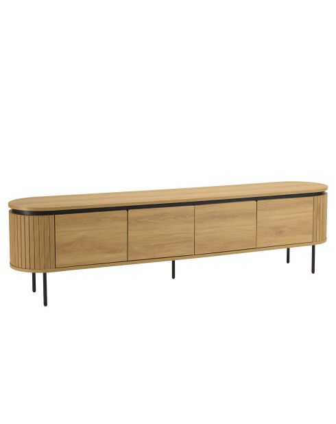 Meuble TV arrondi naturelle 4 portes et pieds métal noir - 200x40x55 cm