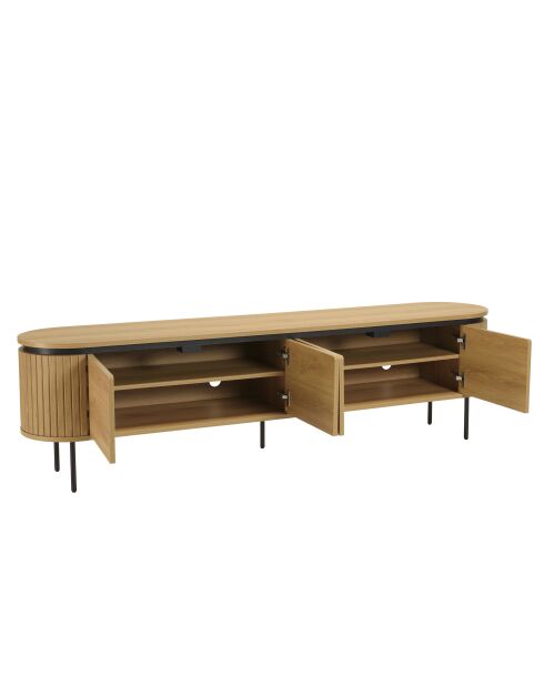 Meuble TV arrondi naturelle 4 portes et pieds métal noir - 200x40x55 cm