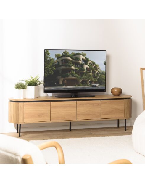 Natürlicher abgerundeter TV-Ständer mit 4 Türen und schwarzen Metallbeinen - 200x40x55 cm