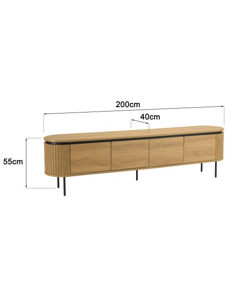 Meuble TV arrondi naturelle 4 portes et pieds métal noir - 200x40x55 cm