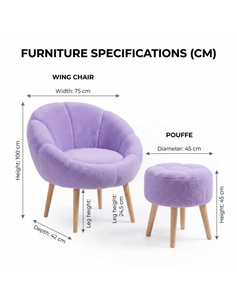Ensemble fauteuil à oreilles et pouffe Lida lilas - 75x100x42 cm/45x45 cm
