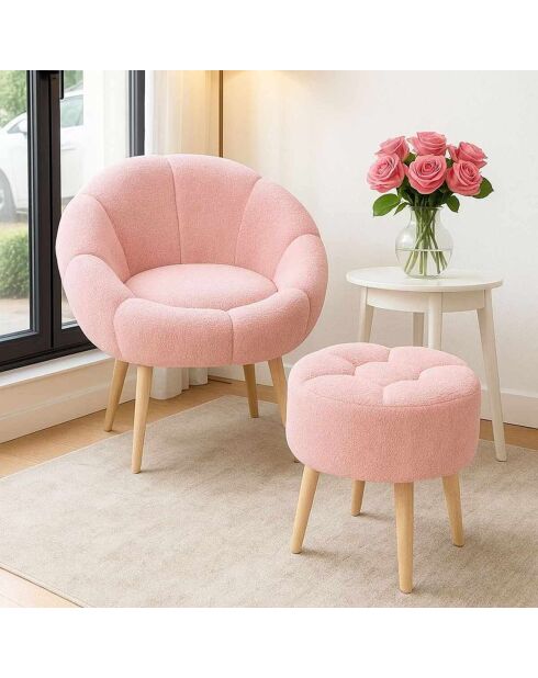 Ensemble fauteuil à oreilles et pouffe Lida rose - 75x100x42 cm/45x45 cm