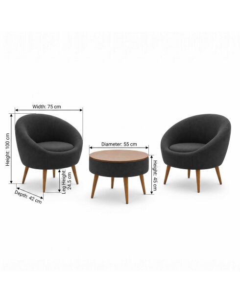 Juego de sillón y mesa de café Lida Linen, color antracita, 3 piezas