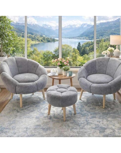 Lida Wellsoft Set mit Ohrensessel und Fußhocker, grau, 3-teilig