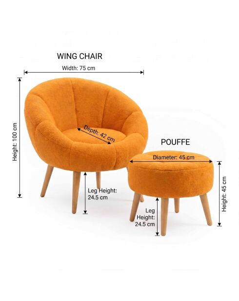 Ensemble fauteuil à oreilles et pouffe Lida orange - 75x100x42 cm/45x45 cm