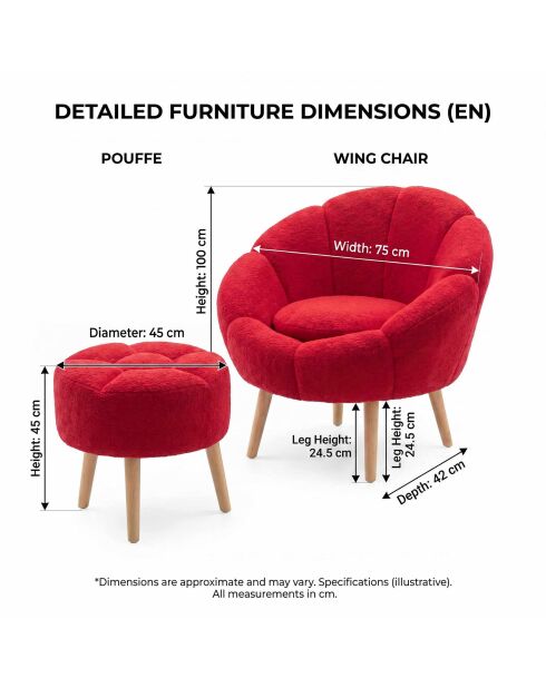Ensemble fauteuil à oreilles et pouffe Lida fuchsia - 75x100x42 cm/45x45 cm