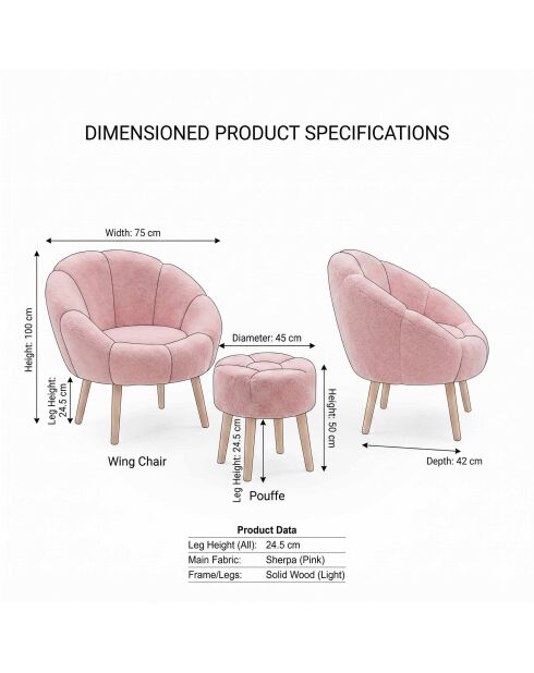 Lida Wellsoft Set aus Ohrensessel und Fußhocker, 3-teilig, rosa