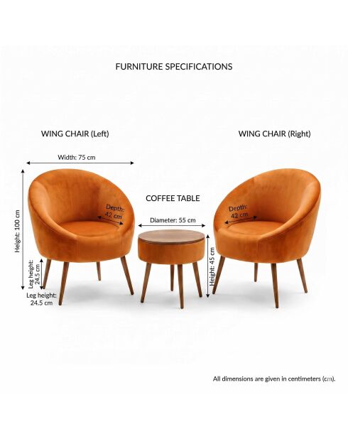 Ensemble fauteuil à oreilles et table à café Lida Babyface orange - 3 pièces