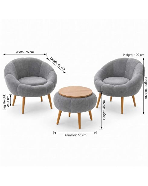 Lida Wellsoft Set mit Ohrensessel und Couchtisch, grau, 3-teilig