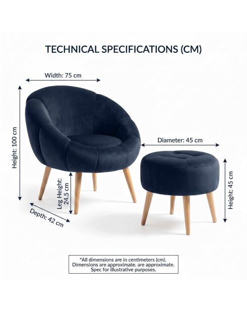 Ensemble fauteuil à oreilles et pouffe Lida anthracite - 75x100x42 cm/45x45 cm