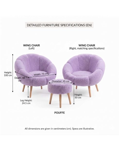 Ensemble fauteuil à oreilles et pouffe Lida Wellsoft lilas - 3 pièces