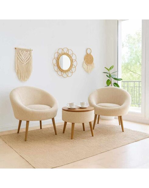 Lida Linen crèmekleurige set met vleugelstoelen en salontafel - 3 stuks