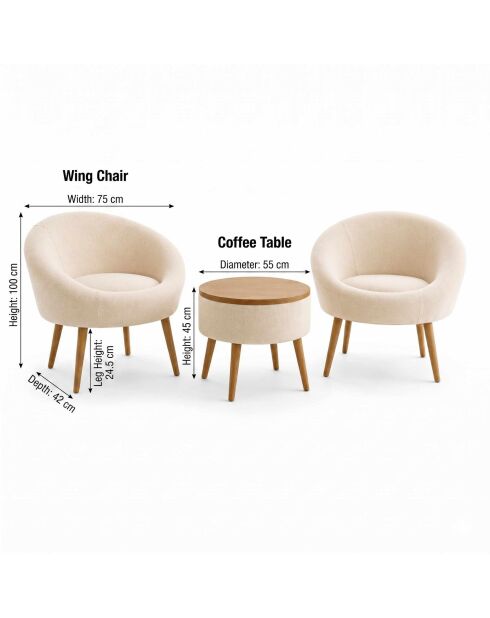 Lida Linen crèmekleurige set met vleugelstoelen en salontafel - 3 stuks
