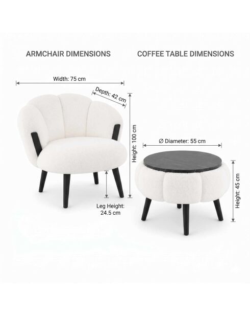 Ensemble fauteuil à oreilles et table à café Star blanc, noir - 3 pièces