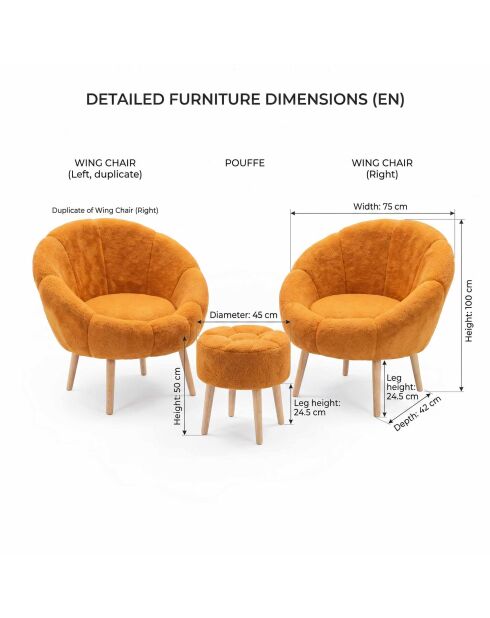 Ensemble fauteuil à oreilles et pouffe Lida Wellsoft orange - 3 pièces