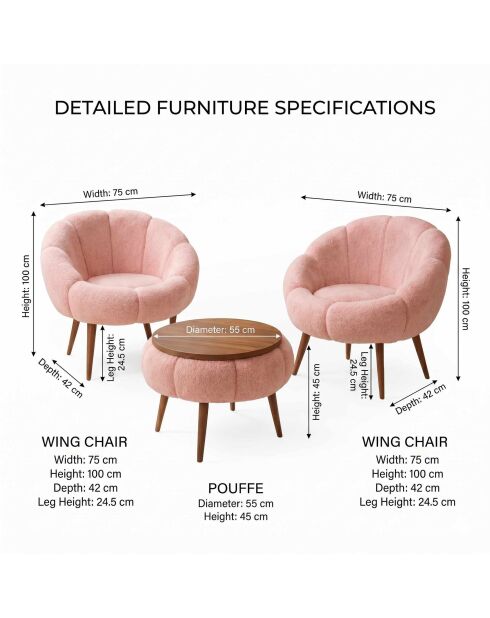 Juego de sillón y mesa de café rosa Lida Wellsoft, 3 piezas