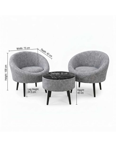 Lida Linen Set aus grauem Ohrensessel und Couchtisch, 3-teilig