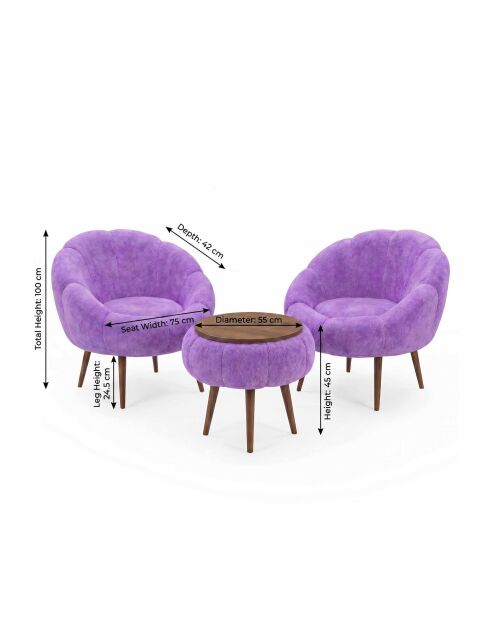 Lida Wellsoft Set aus Ohrensessel und Kaffeetisch, 3-teilig, lila