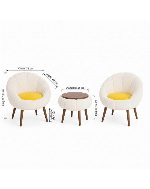 Lida Linen witte set met vleugelstoelen en salontafel - 3 stuks