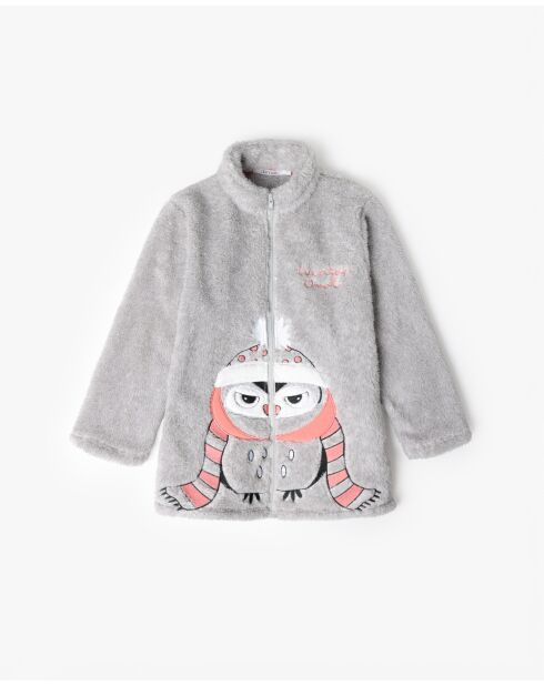 Peignoir chaud à manches longues , motif hibou gris chiné