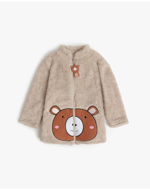 Peignoir chaud à manches longues avec fermeture éclair, motif ours en peluche beige