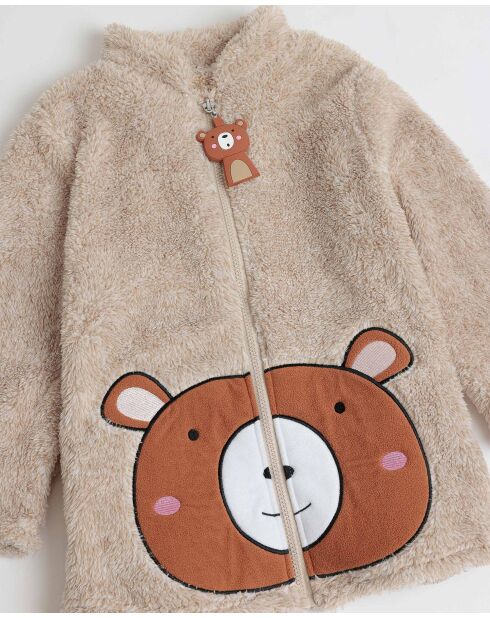 Peignoir chaud à manches longues avec fermeture éclair, motif ours en peluche beige