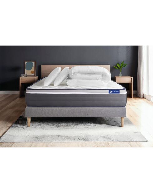 Pack lit complet ActiMemo Plus gris avec matelas, sommier gris en kit, 2 oreillers et couette - 160x200 cm